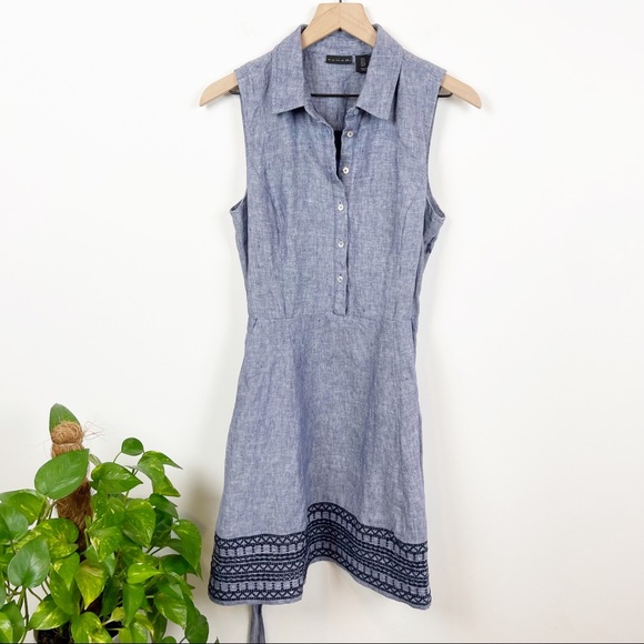 Tahari Dresses & Skirts - Tahari Linen Navy Embroidered Shirt Dress